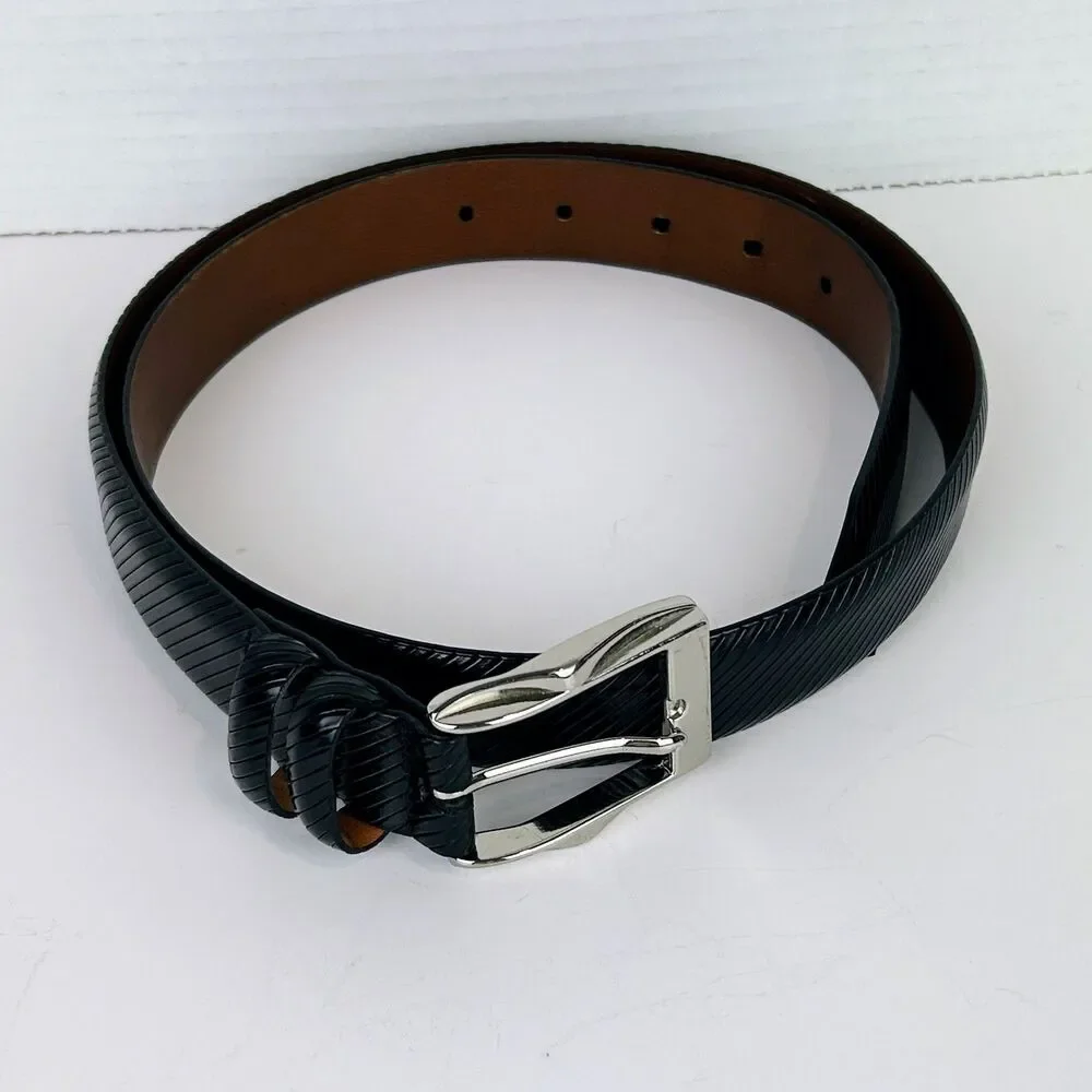Johnston & Murphy Black Raised Stripe Calf Leather Belt Silver Buckle Men's 36